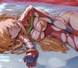  1girl beach between_legs blue_eyes bodysuit breasts chromatic_aberration come_hither evangelion:_3.0+1.0_thrice_upon_a_time hand_between_legs highres large_breasts long_hair looking_at_viewer lying neon_genesis_evangelion on_side orange_hair outstretched_arm pilot_suit plugsuit rebuild_of_evangelion red_bodysuit seductive_smile skindentation smile solo souryuu_asuka_langley torn_bodysuit torn_clothes yagisawa_teru 