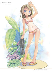  1girl absurdres arm_up bikini blonde_hair blue_eyes breasts diving_mask flippers full_body goggles highres medium_hair navel one-piece_tan one_side_up original pink_bikini plant pop_(electromagneticwave) sandals small_breasts smile solo swimsuit tan tanline 