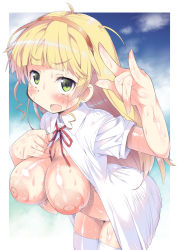 1girl blonde_hair blunt_bangs blush breasts green_eyes hairband hands_on_own_chest heanna_sumire kanibasami large_areolae large_breasts large_nipples long_hair love_live! love_live!_superstar!! nipples red_hairband ribbon solo sweat thighhighs wet white_thighhighs rating:Explicit score:19 user:danbooru