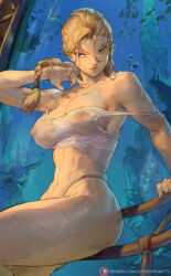  1girl abs atlantis:_the_lost_empire bare_shoulders braid braided_ponytail breasts camisole cleavage collarbone covered_erect_nipples cutesexyrobutts fish helga_sinclair highleg highleg_panties highres large_breasts long_hair looking_to_the_side mole mole_under_eye muscular muscular_female navel panties parted_lips solo thighs toned underwear white_camisole white_panties  rating:Questionable score:137 user:danbooru