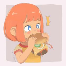  1girl ^^^ artist_name blue_eyes blush blush_stickers bread_bun burger burger_malfunction cheese child commentary dated daughter_(yoru_mac) eating english_commentary food food_bite freckles highres holding holding_burger holding_food ketchup mcdonald&#039;s misakili onion orange_hair pickle sad shirt short_hair solo tears two-tone_background yellow_shirt yoru_mac 