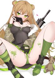  1girl absurdres asymmetrical_legwear bare_shoulders blush breasts cameltoe camouflage camouflage_jacket controller covered_navel crotch double_bun full_body game_controller gamepad girls&#039;_frontline green_eyes green_panties gun hair_bun highres jacket long_hair ohichi16 panties rfb_(girls&#039;_frontline) solo spread_legs underwear weapon xbox_controller 