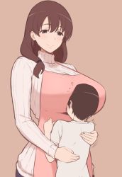  1boy 1girl apron between_breasts breasts brown_hair face_between_breasts head_between_breasts hug huge_breasts lips mature_female mucchimut shota smile sweater  rating:Sensitive score:258 user:cheezeit