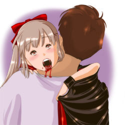  1boy 1girl age_difference biting blood blush bow brown_hair cape fangs grey_hair hug loli long_hair open_mouth vampire yozora  rating:Questionable score:9 user:gozgorg