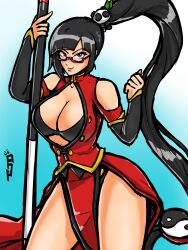  1girl arc_system_works black_hair blazblue breasts cleavage glasses highres large_breasts litchi_faye_ling long_hair paddy_g_(terrybrogard) ponytail 