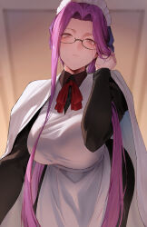 1girl absurdres alternate_costume apron blurry blurry_background breasts brown_eyes closed_mouth dated_commentary enmaided fate/stay_night fate_(series) glasses highres indoors large_breasts long_hair long_sleeves looking_at_viewer maid maid_apron maid_headdress medusa_(fate) medusa_(rider)_(fate) neck_ribbon purple_hair red_ribbon ribbon rororo solo white_apron 