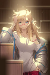  1girl anger_vein angry blonde_hair blue_eyes box bra_strap breasts brown_hair coat glasses hand_on_own_hip indoors long_hair lowres medium_breasts messy_hair off_shoulder on_box oversized_clothes panties quartermaster_knight red-framed_eyewear semi-rimless_eyewear solo standing strap strap_slip sword_girls under-rim_eyewear underwear  rating:Questionable score:14 user:Naota00_