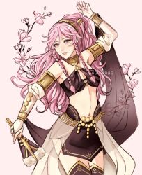 1girl bare_shoulders braid breasts bridal_gauntlets commentary cowboy_shot dancer english_commentary fire_emblem fire_emblem_awakening fire_emblem_heroes flower hairband hand_fan highres holding holding_fan long_hair looking_at_viewer navel nintendo official_alternate_costume olivia_(fire_emblem) olivia_(performing_arts)_(fire_emblem) pink_hair pink_nails ponytail schereas small_breasts smile solo twin_braids 