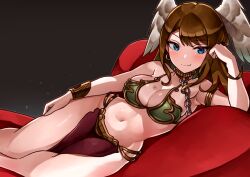  1girl absurdres blue_eyes breast_tattoo breasts brown_hair chain chain_leash cleavage closed_mouth collar commentary commentary_request cosplay cushion dark_background earrings elbow_rest english_commentary eunie_(xenoblade) feathered_wings head_rest head_wings highres hoop_earrings jewelry large_breasts leash long_hair looking_at_viewer lying medium_hair metal_bikini metal_collar mixed-language_commentary on_side oniisan02b pelvic_curtain princess_leia_organa_solo princess_leia_organa_solo_(cosplay) slave smile solo tattoo white_wings wings xenoblade_chronicles_(series) xenoblade_chronicles_3  rating:Sensitive score:30 user:danbooru