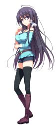  1girl absurdres belt_boots black_thighhighs boots full_body hand_on_own_chest highres knee_boots long_hair looking_at_viewer mizuno_rin non-web_source purple_eyes reminiscence reminiscence_re:collect shorts smile solo thighhighs tomose_shunsaku transparent_background very_long_hair  rating:Sensitive score:9 user:danbooru