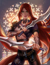  1girl armor belt breasts cowboy_shot cropped_jacket dual_wielding fan_yang_(jiuge) fighting_stance gorget green_eyes holding katarina_(league_of_legends) league_of_legends lips lipstick long_hair makeup multiple_girls navel nose pants pauldrons quatrefoil red_hair shoulder_armor solo stained_glass sword tattoo trefoil underboob vambraces very_long_hair weapon 