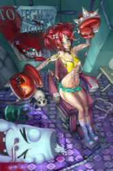 1girl armchair bad_deviantart_id bad_id bandages bandaid bare_legs blood blue_eyes bottle boxing_gloves breasts cable chair checkered_floor choker converse earrings elsevilla flask floor hair_ornament hairclip highres jewelry medal medallion midriff navel navel_piercing original panties piercing ponytail poster_(object) punching_bag red_hair shoes short_twintails shorts sitting small_breasts smile sneakers socks solo stuffed_animal stuffed_toy tank_top tattoo teddy_bear thighs twintails underboob underwear water_bottle rating:Questionable score:24 user:danbooru