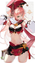  1girl adjusting_clothes animal_ears antlers armpits bare_shoulders black_bra black_shorts bow bra breasts coin_hair_ornament commentary_request cowboy_shot crop_top detached_sleeves genshin_impact green_eyes hair_between_eyes hair_ornament hands_up hat horns long_hair looking_at_viewer medium_breasts midriff navel open_mouth pink_hair pom_pom_(clothes) porkpie_hat red_hat reindeer_antlers scottie_(phantom2) shorts solo stomach sweat thighs underwear white_sleeves yanfei_(genshin_impact) yellow_bow  rating:Sensitive score:28 user:danbooru