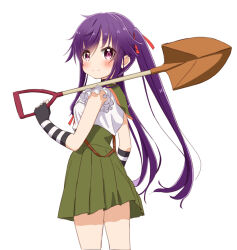 1girl blush closed_mouth commentary_request cowboy_shot ebisuzawa_kurumi elbow_gloves fingerless_gloves frilled_sleeves frills from_side gakkou_gurashi! gloves green_sailor_collar green_skirt hair_ribbon high-waist_skirt holding holding_shovel long_hair looking_at_viewer megurigaoka_high_school_uniform over_shoulder pleated_skirt purple_eyes purple_hair red_ribbon retsumaru ribbon sailor_collar school_uniform shirt shirt_tucked_in short_sleeves shovel simple_background skirt smile solo split_mouth striped_clothes striped_gloves suspenders_hanging turning_head twintails very_long_hair white_background white_shirt 