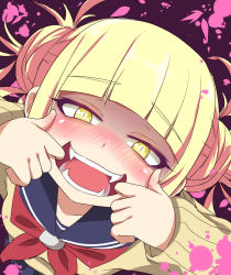10s 1girl :d blonde_hair blue_sailor_collar blunt_bangs blush boku_no_hero_academia commentary double_bun dutch_angle fangs finger_in_own_mouth hair_bun highres ikazu401 long_sleeves looking_at_viewer messy_hair neckerchief nose_blush open_mouth red_neckerchief sailor_collar school_uniform serafuku short_hair slit_pupils smile solo sweater toga_himiko yellow_eyes rating:Sensitive score:14 user:danbooru