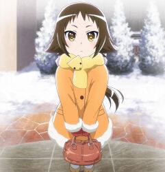  1girl bag blush boots brown_eyes brown_hair closed_mouth coat day dot_nose female_focus frown gloves handbag highres holding holding_bag long_hair looking_at_viewer mikakunin_de_shinkoukei mitsumine_mashiro outdoors pantyhose red_gloves scarf snow solo standing stitched third-party_edit tree white_pantyhose winter_clothes 