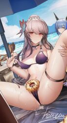  3girls absurdres azur_lane beach bikini black_choker blue_hair blush breasts brown_hair butterfly_hair_ornament cameltoe chinese_commentary choker cleavage closed_mouth collarbone commentary_request day doughnut dunkerque_(azur_lane) dunkerque_(summer_sucre)_(azur_lane) food food_on_body gascogne_(azur_lane) hair_ornament heatia highres jean_bart_(azur_lane) jean_bart_(private_apres_midi)_(azur_lane) large_breasts long_hair looking_at_viewer medium_breasts multiple_girls navel official_alternate_costume outdoors parasol parted_lips purple_bikini pussy_juice red_eyes revision signature sitting solo_focus spread_legs swimsuit thigh_strap thighs umbrella water wet yellow_eyes 