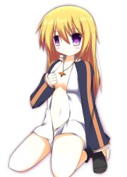  10s 1girl blonde_hair blush breasts charlotte_dunois cleavage female_focus gradient_background infinite_stratos jacket jewelry long_hair necklace no_bra open_clothes purple_eyes socks solo track_jacket white_background  rating:Questionable score:4 user:mip