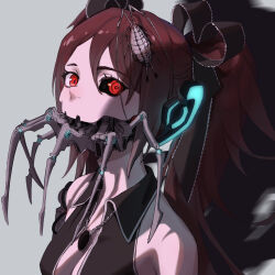 1girl android animal animal_on_head baige059 bare_shoulders black_gemstone black_ribbon black_sclera black_shirt breasts brown_hair ca_(maeda_koutarou) calne_ca_(deino) chain chain_necklace cleavage collared_shirt colored_sclera hair_between_eyes hair_ribbon halter_shirt halterneck highres isopod jewelry long_hair looking_at_viewer mandibles mechanical_arms medium_breasts nato-kun necklace on_head portrait red_eyes ribbon saikin_osen_-_bacterial_contamination_-_(vocaloid) shirt single_mechanical_arm sleeveless sleeveless_shirt solo twintails