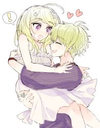 ! 1boy 1girl :d ahoge akamatsu_kaede amami_rantaro bare_arms bare_shoulders blonde_hair blush breasts carrying collarbone commentary_request danganronpa_(series) danganronpa_v3:_killing_harmony dress fc_(efushii) fortissimo green_hair hair_ornament heart hetero jewelry long_hair long_sleeves looking_at_another medium_breasts musical_note musical_note_hair_ornament off_shoulder open_mouth profile ring shirt short_hair simple_background sketch smile spoken_exclamation_mark striped_clothes striped_shirt sweatdrop upper_body white_background white_dress