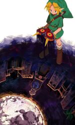  1boy 1other blonde_hair boots brown_footwear green_skirt green_tunic highres leather leather_belt leather_boots link majora_(entity) moon night night_sky nintendo phrygian_cap skirt sky sunanogimo the_legend_of_zelda the_legend_of_zelda:_majora&#039;s_mask town young_link 
