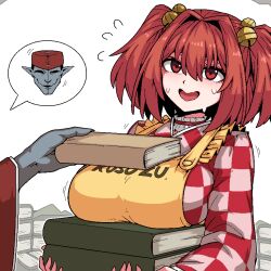  1boy 1girl alternate_breast_size apron bell book breast_rest breasts carried_breast_rest carrying checkered_clothes checkered_kimono formicid fortune_teller_(touhou) hair_bell hair_ornament holding holding_book japanese_clothes jingle_bell kimono large_breasts motoori_kosuzu red_eyes red_hair short_hair simple_background touhou two_side_up white_background yellow_apron 