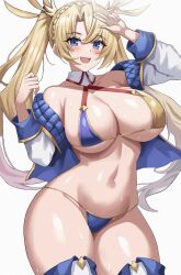 1girl animated animated_gif arm_up bad_source bare_shoulders bikini blonde_hair blue_bikini blue_eyes blue_jacket blush boots bradamante_(fate) braid breasts cleavage collarbone crown_braid fang fate/grand_order fate_(series) gold_bikini gold_trim halterneck hand_up highres jacket jasony large_breasts long_hair long_sleeves looking_at_viewer multicolored_bikini multicolored_clothes navel off_shoulder open_clothes open_jacket open_mouth parted_bangs simple_background skin_fang smile solo sweat swimsuit thick_thighs thigh_boots thighs twintails underboob very_long_hair white_background white_jacket  rating:Sensitive score:47 user:danbooru