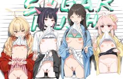  4girls ahoge airi_(band)_(blue_archive) airi_(blue_archive) animal_ears black_hair black_panties blonde_hair blue_archive blush bra breasts brown_eyes brown_hair cat_ears censored clearite cleft_of_venus clothes_around_waist clothes_lift double_v female_pubic_hair grin groin halo heart heart_censor highres kazusa_(band)_(blue_archive) kazusa_(blue_archive) lifted_by_self long_hair looking_at_viewer multicolored_hair multiple_girls natsu_(band)_(blue_archive) natsu_(blue_archive) navel nipples off_shoulder panties panty_pull pink_eyes pink_hair pink_panties pleated_skirt pubic_hair pussy pussy_juice scrunchie shirt_lift short_hair simple_background skirt skirt_lift small_breasts smile teeth twintails two-tone_hair underwear v white_background yoshimi_(band)_(blue_archive) yoshimi_(blue_archive) 