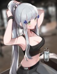 1girl absurdres alternate_costume armpits arms_up blunt_bangs blurry blurry_background bottle breasts cleavage collarbone commentary depth_of_field facial_mark girls&#039;_frontline green_eyes hair_ornament hair_tie high_ponytail highres hk416_(girls&#039;_frontline) long_hair looking_away medium_breasts mouth_hold navel pants seorang sidelocks silver_hair solo sports_bra sweatband tank_top tight_clothes tight_pants tying_hair water_bottle yoga_pants rating:Sensitive score:27 user:danbooru