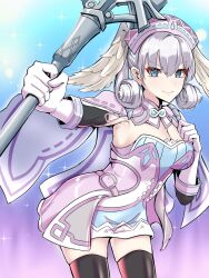  blue_eyes braid cape crown_braid curly_hair dress gloves grey_hair head_wings highres holding holding_staff juliet_sleeves long_sleeves melia_antiqua puffy_sleeves short_dress smile staff thighhighs timosan wings xenoblade_chronicles_(series) xenoblade_chronicles_1 