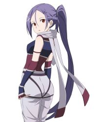  1girl armor bare_shoulders chest_armor commentary_request daichi777zz fingerless_gloves gloves hair_ornament highres long_hair looking_at_viewer mito_(sao) panties pants ponytail purple_hair red_eyes shirt simple_background sleeveless sleeveless_shirt solo sword_art_online underwear white_background white_panties 
