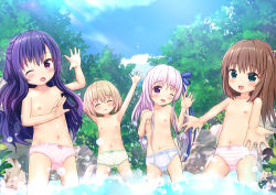  4girls arm_up armpits arms_up black_hair blue_eyes blue_panties blush bow bow_panties breasts brown_hair cameltoe closed_eyes cloud commission female_focus gotou_jun green_panties hand_on_own_chest highres kaneshiro_sora loli long_hair looking_at_viewer momijidani_nozomi multiple_girls nature navel nekomimimix nipples nukui_kurumi one_eye_closed one_side_up open_mouth outdoors outstretched_arms outstretched_hand panties pink_panties polka_dot polka_dot_panties purple_eyes purple_hair ribbon short_hair skeb_commission sky small_breasts smile striped_clothes striped_panties tenshi_no_3p! thighs topless tree underwear underwear_only wading water  rating:Questionable score:137 user:danbooru