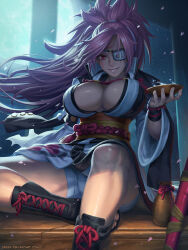  1girl amputee baiken big_hair breasts cleavage commentary cup english_commentary eyepatch facial_tattoo goggles guilty_gear guilty_gear_xrd highres holding holding_cup japanese_clothes katana kimono large_breasts long_hair md5_mismatch night one-eyed open_clothes photoshop_(medium) pink_hair ponytail red_eyes sakazuki sash scar scar_across_eye scar_on_face sheath sheathed smile solo speh sword tattoo thighs weapon 