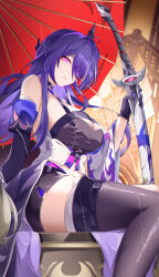  1girl absurdres acheron_(honkai:_star_rail) ahoge alternate_breast_size armor bandaged_leg bandages bare_shoulders belt black_belt black_choker black_gloves black_shorts boots breasts choker cleavage coat coattails commentary criss-cross_halter diamond-shaped_pupils diamond_(shape) duplicate eyes_visible_through_hair feet_out_of_frame from_side gloves hair_intakes hair_ornament hair_over_one_eye halterneck highres holding holding_sword holding_weapon honkai:_star_rail honkai_(series) large_breasts long_hair looking_at_viewer midriff multicolored_hair navel oil-paper_umbrella parted_lips purple_eyes purple_hair rain red_umbrella scabbard sheath sheathed shorts shoulder_armor single_wide_sleeve sitting solo streaked_hair sword symbol-shaped_pupils thigh_boots thighs umbrella very_long_hair weapon white_coat ziluolan_jia_de_mao 