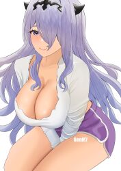  1girl absurdres alternate_costume artist_name breasts camilla_(fire_emblem) cleavage dolphin_shorts fake_horns fire_emblem fire_emblem_fates genm7 hair_over_one_eye highres horns large_breasts long_hair looking_at_viewer nintendo purple_eyes purple_hair shorts smile solo thighhighs 