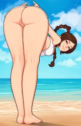 1girl artist_logo ass avatar:_the_last_airbender avatar_legends barefoot beach bent_over bikini bikini_top_only bottomless braid braided_ponytail breasts brown_eyes brown_hair cleft_of_venus cloud cloudy_sky commentary english_commentary female_focus full_body highres kneepits large_breasts legs legs_together lips long_hair loodncrood looking_at_viewer looking_back outdoors parted_bangs ponytail pussy shiny_skin sidelocks single_braid sky smile solo swimsuit thighs ty_lee uncensored water white_bikini  rating:Explicit score:879 user:danbooru