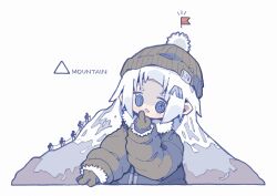  1girl 5others :3 ambiguous_gender bad_id bad_twitter_id beanie blue_eyes blush brown_gloves brown_hat brown_jacket cropped_torso down_jacket english_text flag gloves grey_hair hair_ornament hairclip hat highres hikimayu jacket long_hair long_sleeves looking_at_another mountain mountain_climbing multicolored_hair multiple_others nikamoka no_sclera notice_lines open_mouth original personification pom_pom_(clothes) pom_pom_beanie ringed_eyes silhouette simple_background upper_body white_background white_hair 