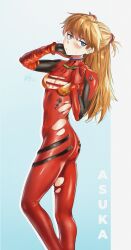  1girl :/ absurdres ass blue_eyes blush bodysuit breasts brown_hair character_name embarrassed eyepatch hand_in_own_hair highres interface_headset long_hair looking_at_viewer looking_to_the_side medium_breasts neon_genesis_evangelion plugsuit red_bodysuit shiny_clothes shiny_skin solo souryuu_asuka_langley standing sweat torn_bodysuit torn_clothes tsundere very_long_hair waligner wide_hips  rating:Sensitive score:44 user:fakyuh