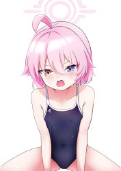  1girl abydos_high_school_swimsuit between_legs blue_archive blue_eyes blush competition_school_swimsuit covered_navel fang hair_between_eyes halo hand_between_legs heterochromia highres hoshino_(blue_archive) hoshino_(young)_(blue_archive) medium_hair open_mouth orange_eyes pink_hair pink_halo redsoul0310 school_swimsuit skin_tight solo spread_legs straddling swimsuit v_arms wet wet_clothes wet_swimsuit 