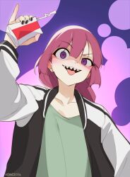  1girl black_nails blush bocchi_the_rock! dress green_dress hair_between_eyes highres hiroi_kikuri holding jacket juice_box long_hair long_sleeves looking_at_viewer nail_polish once_11h open_clothes open_jacket open_mouth pink_hair pinky_out purple_eyes sharp_teeth simple_background solo teeth tongue tongue_out upper_body 