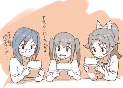  3girls handheld_game_console kobayashi_gen multiple_girls namori_mana nintendo_3ds rinoda_mano school_girl_strikers sketch tanaka_sachiko 