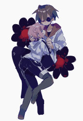  2boys absurdres ahoge ass black_pants black_shirt black_shorts black_straps black_stripes black_thighhighs blue_eyes brown_hair collarbone commentary_request cowlick ear_ornament earrings eye_covering eyepatch flower flower_background frown hair_between_eyes half-closed_eyes hand_on_another&#039;s_head height_difference highres holding_another&#039;s_wrist hood hoodie jewelry jitome leg_between_thighs long_sleeves looking_at_viewer looking_back multicolored_clothes multicolored_hoodie multicolored_shorts multiple_boys one_eye_covered original pants pink_hair raito-kun_(uenomigi) red_eyes red_hoodie shirt short_hair shorts shou_(uenomigi) sidelocks simple_background sitting sitting_on_leg sitting_on_person sitting_on_thigh strap tagme thighhighs uenomigi white_background white_hoodie white_shorts white_stripes yaoi 