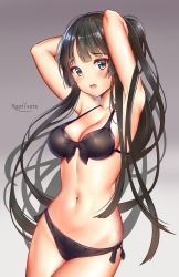 1girl akiyama_mio armpits arms_up artist_name bare_shoulders bikini black_bikini black_hair blue_eyes blush breasts cleavage collarbone commentary_request cowboy_shot front-tie_bikini_top front-tie_top gradient_background highres k-on! kaptivate long_hair looking_at_viewer medium_breasts navel open_mouth side-tie_bikini_bottom solo stomach swimsuit teeth thighs upper_teeth_only very_long_hair rating:Sensitive score:65 user:danbooru