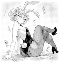  1girl animal_ears ass ass_focus black_leotard blush bow bowtie breasts card crossed_legs curly_hair detached_collar fake_animal_ears fake_tail fishnet_pantyhose fishnets highres leotard looking_at_viewer mogudan monochrome one-punch_man pantyhose petite playboy_bunny playing_card rabbit_ears rabbit_tail short_hair sitting small_breasts solo strapless strapless_leotard tail tatsumaki thick_thighs thighs wrist_cuffs  rating:Sensitive score:234 user:danbooru