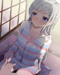 1boy 1girl :t blue_eyes blush braid braided_bangs breasts cleavage closed_mouth collarbone commentary_request earrings grey_hair hand_grab highres hisakawa_hayate hood hoodie idolmaster idolmaster_cinderella_girls indoors jacket jewelry large_breasts long_hair looking_away pout pov pov_hands seneto shorts striped_clothes striped_jacket striped_shorts sweat vertical-striped_clothes vertical-striped_jacket vertical-striped_shorts rating:Sensitive score:96 user:danbooru