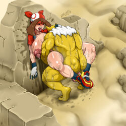  1boy 1girl ahegao ass bandana blush bottomless breasts breasts_out brown_hair closed_eyes colored_skin creatures_(company) desert game_freak gen_1_pokemon huge_breasts hypno interspecies lactation may_(pokemon) medium_hair muscular muscular_male nintendo nipples open_mouth pokemon pokemon_rse sand sex sweat testicles tongue tongue_out vaginal vlaimk yellow_skin  rating:Explicit score:8 user:xAkira