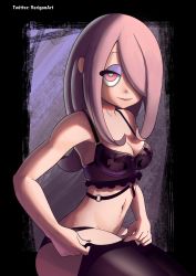  1girl absurdres bra breasts cleavage grin hair_over_one_eye highres legs lingerie little_witch_academia looking_at_viewer medium_breasts pink_hair prisspie smile solo sucy_manbavaran thighhighs underwear 