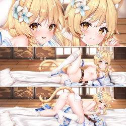 1girl :3 animal_ear_fluff animal_ears anus arm_support ass bell blonde_hair blush breasts cat_ears cat_tail chinese_commentary cleft_of_venus commentary_request condom condom_in_mouth condom_wrapper dakimakura_(medium) detached_sleeves feet floral_print flower full_body genshin_impact hair_flower hair_ornament has_bad_revision has_censored_revision highres indoors jingle_bell kemonomimi_mode leg_hold long_hair long_sleeves looking_at_viewer lumine_(genshin_impact) lying mouth_hold multiple_views nipples no_shoes nude on_side parted_lips portrait pussy pussy_juice sliding_doors small_breasts smile tail tail_bell tail_ornament thighhighs top-down_bottom-up uncensored white_flower white_thighhighs wooden_floor yellow_eyes yutian_alice rating:Explicit score:411 user:danbooru