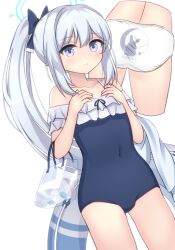  1girl ass blue_archive blue_halo blue_one-piece_swimsuit blush breasts casual_one-piece_swimsuit closed_mouth collarbone covered_navel frilled_one-piece_swimsuit frills grey_hair halo highres loli long_hair miyako_(blue_archive) miyako_(swimsuit)_(blue_archive) multiple_views off-shoulder_one-piece_swimsuit off_shoulder official_alternate_costume one-piece_swimsuit ozu_yugurou panties ponytail print_panties purple_eyes small_breasts solo swimsuit underwear very_long_hair white_panties 