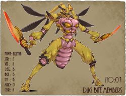  1girl antennae aretha arthropod_girl breasts bug colored_skin dokumushi dual_wielding extra_breasts furry furry_female green_eyes heart holding no_humans open_mouth solo standing stats sword tattoo veins veiny_breasts weapon yellow_skin  rating:Questionable score:40 user:disgustinglycute